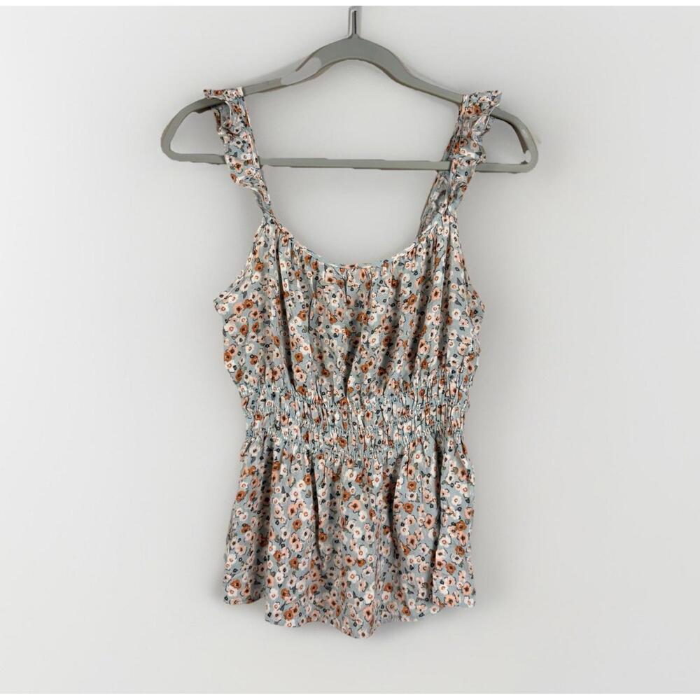 Gilli Floral Ruffle Strap Camisole Tank Top Light Blue Peach Green Size L
